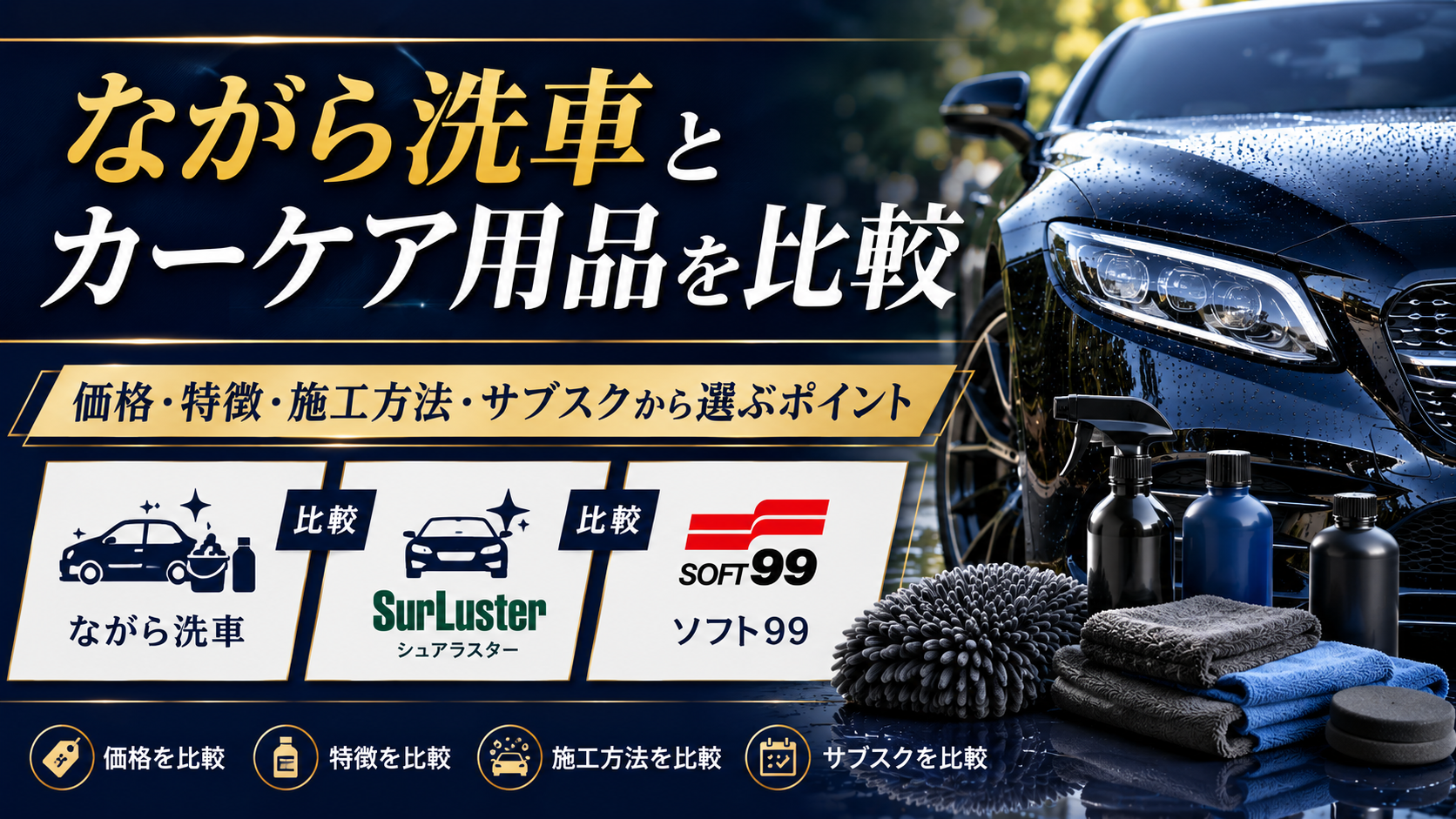 ながら洗車とカーケア用品を比較|価格・特徴・施工方法・サブスクから選ぶポイント
