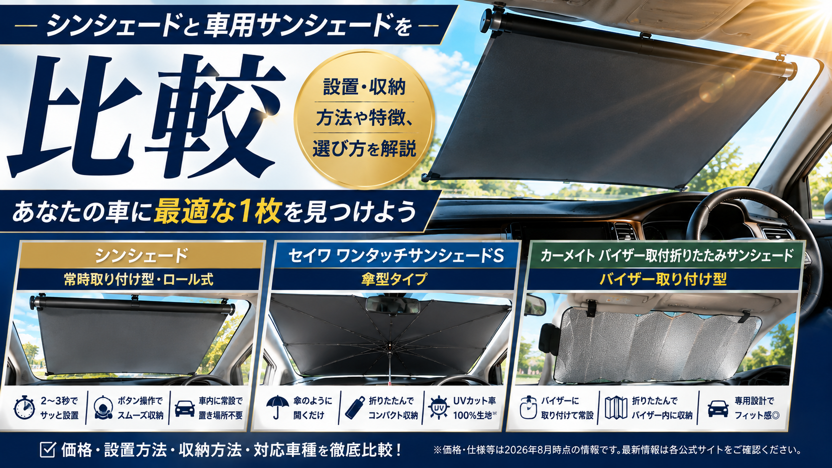 シンシェードと車用サンシェードを比較|設置・収納方法や特徴、選び方を解説